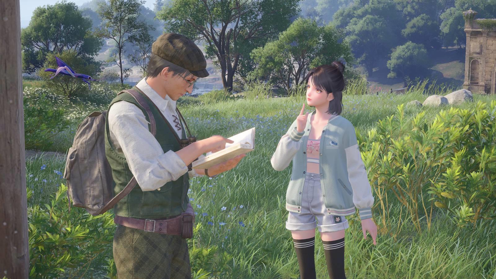 Nikki ponders a question in front of Aventura in Infinity Nikki.