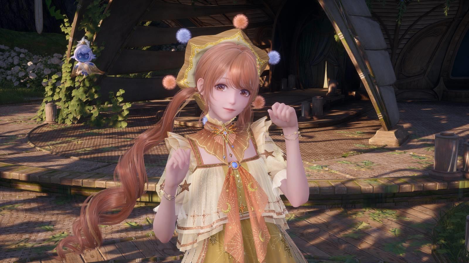 Nikki in an orange clown outfit in Infinity Nikki.