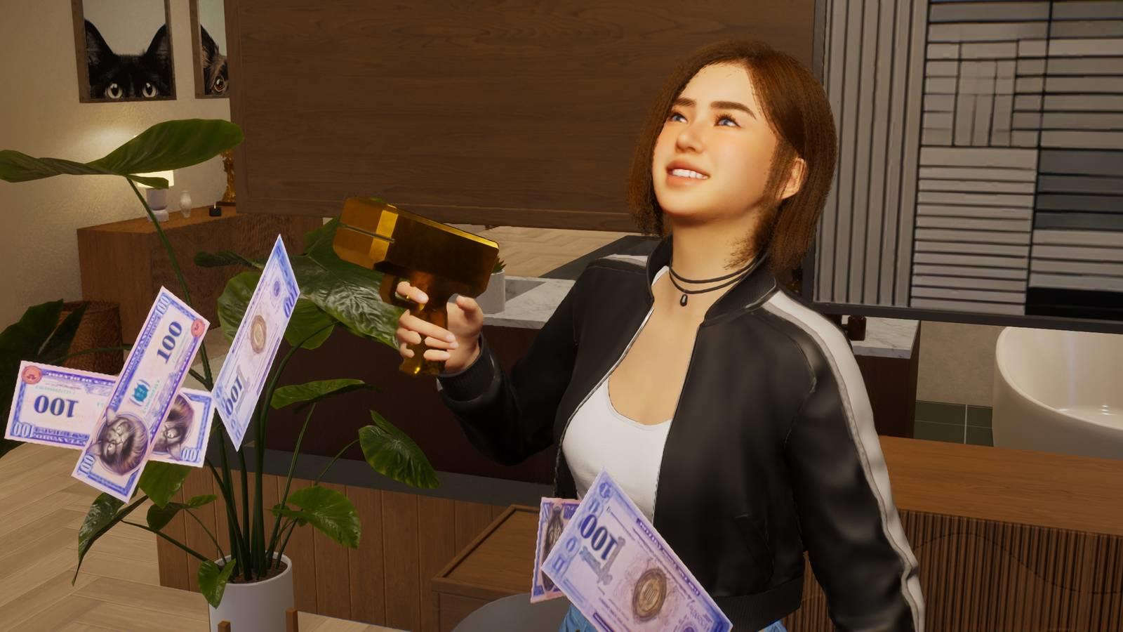 A Zoi happily fires off a money gun in InZoi