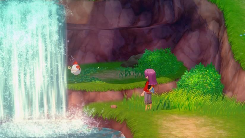 Image showing the protagonist looking at a white and red chicken behind a waterfall. Screenshot from Story of Seasons: Grand Bazaar.