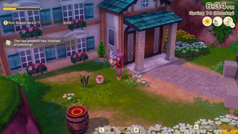 Screenshot of the player character, purple haired with black and red clothing, standing beside a white and red chicken. They are surrounded by a tall mansion and greenery.Image from Story of Seasons Grand Bazaar.