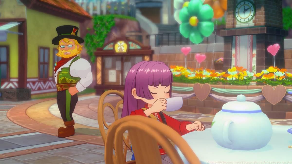 A Story of Seasons: Grand Bazaar character sips tea while the mayor looks over at her.