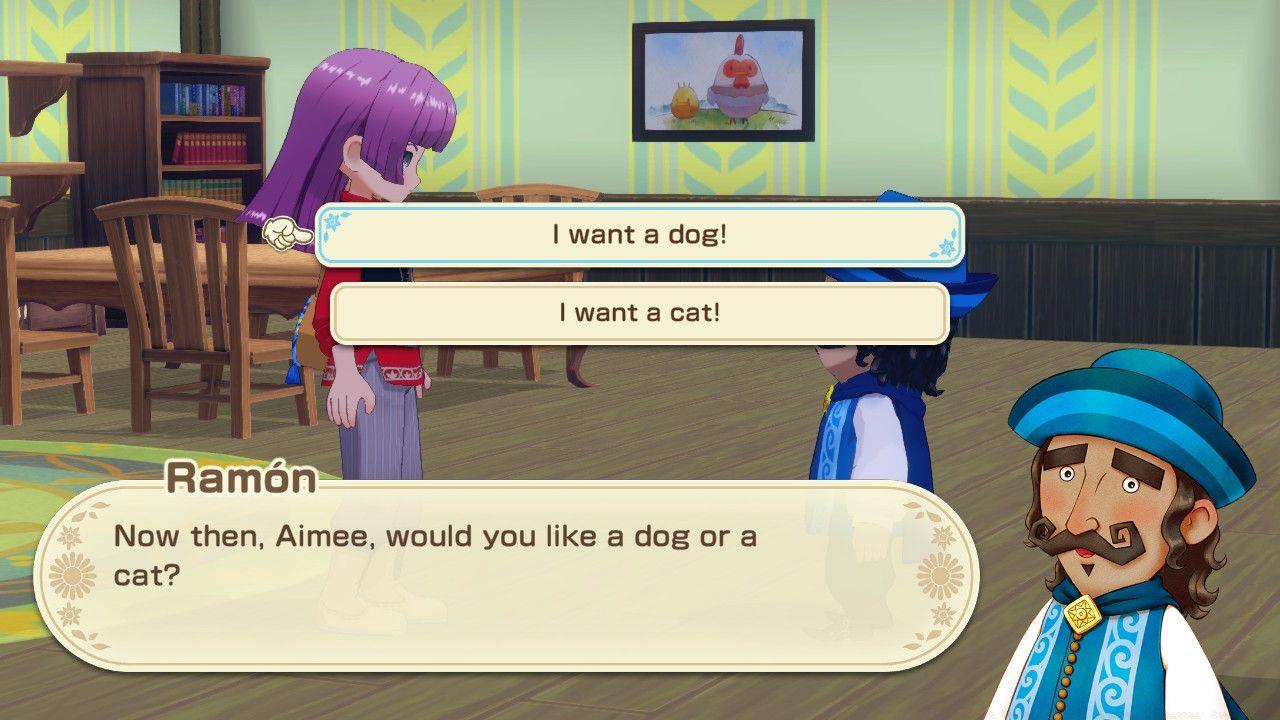 Image from Story of Seasons Grand Bazaar. It shows two options for the player: 'I want a dog' and 'I want a cat'.