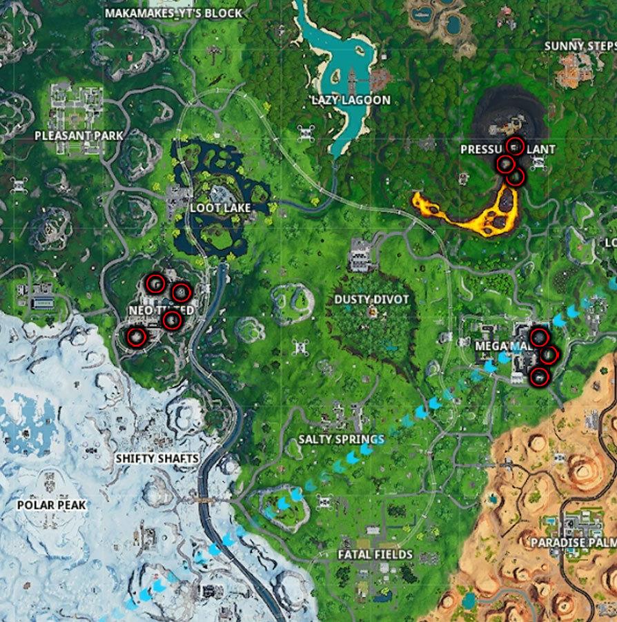 Fortnite Week 10 PSA sign locations map showing all three areas