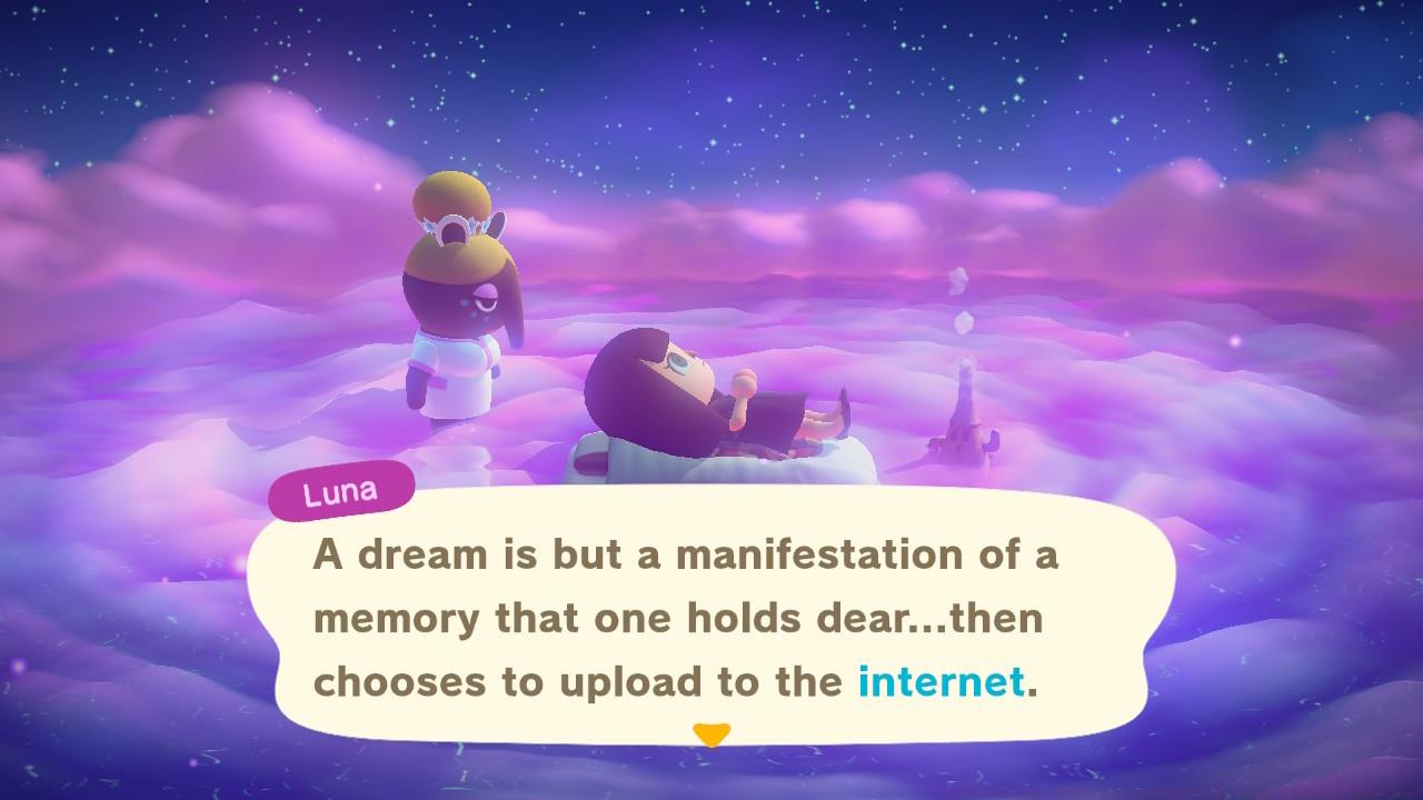 Luna explaining the basics of dreaming in Animal Crossing: New Horizons.