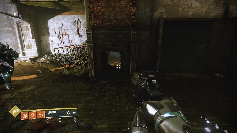 On the second floor of this blasted-out building, you'll find a fireplace that hides the entrance to the Harbinger mission.