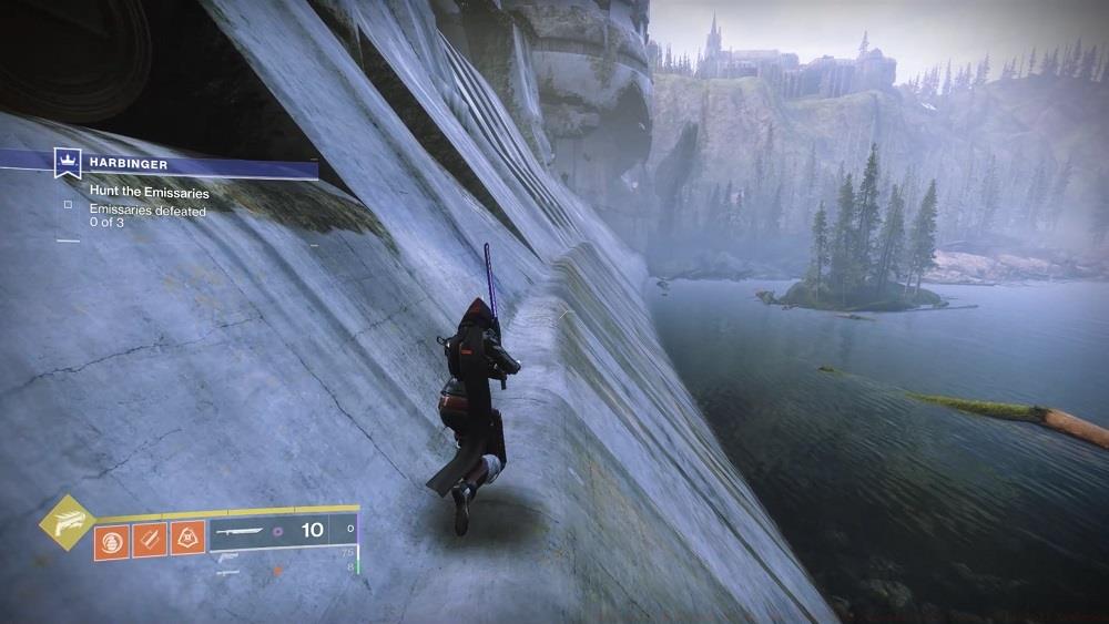 From the flat tree, you're aiming to land on this flat, thin lip at the bottom of the dam. Follow it to the right and look up for a path you can (kind of) climb.