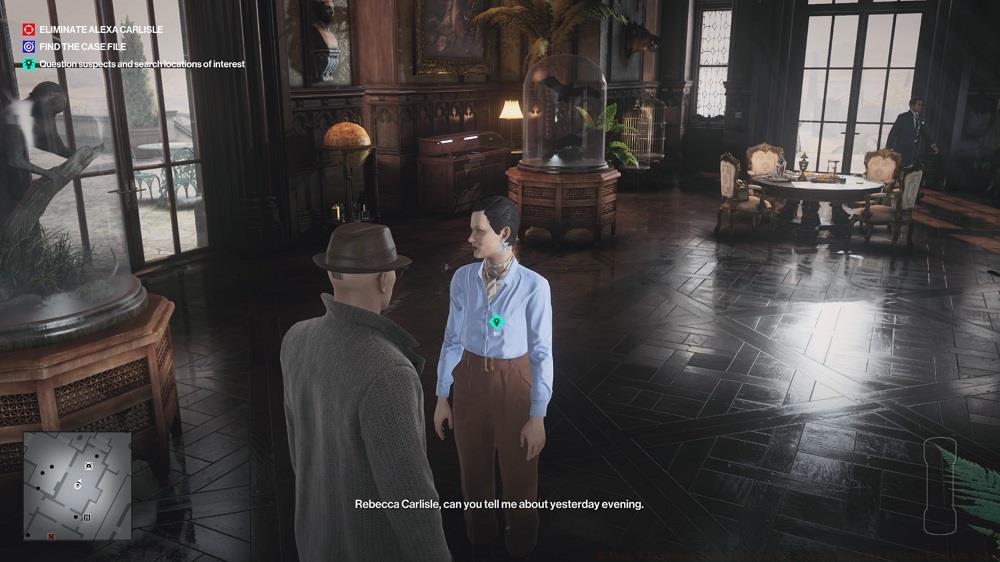 It's tough to get Rebecca away from her bodyguard and the mansion staff. A solid approach is to poison her water bottle in the Trophy Room to send her to the bathroom.
