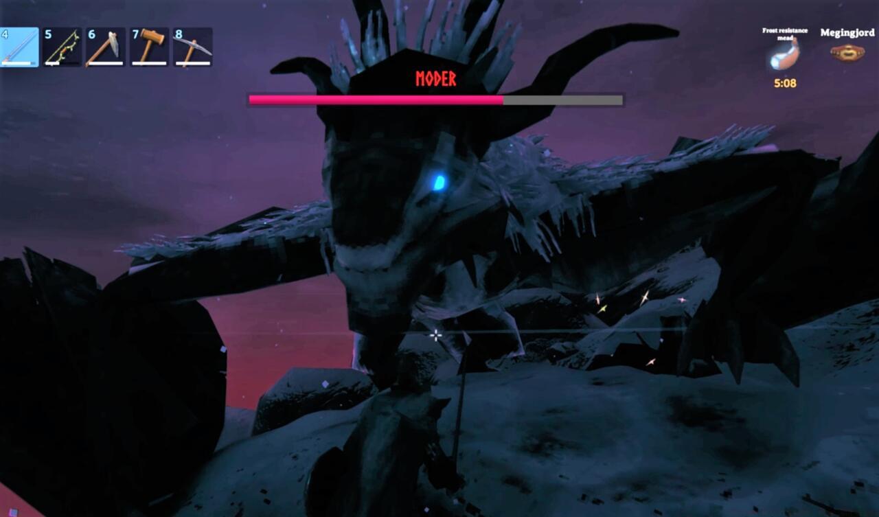 Your goal in Valheim is to take down its many bosses, like Moder, the frost dragon of the Mountain biome.