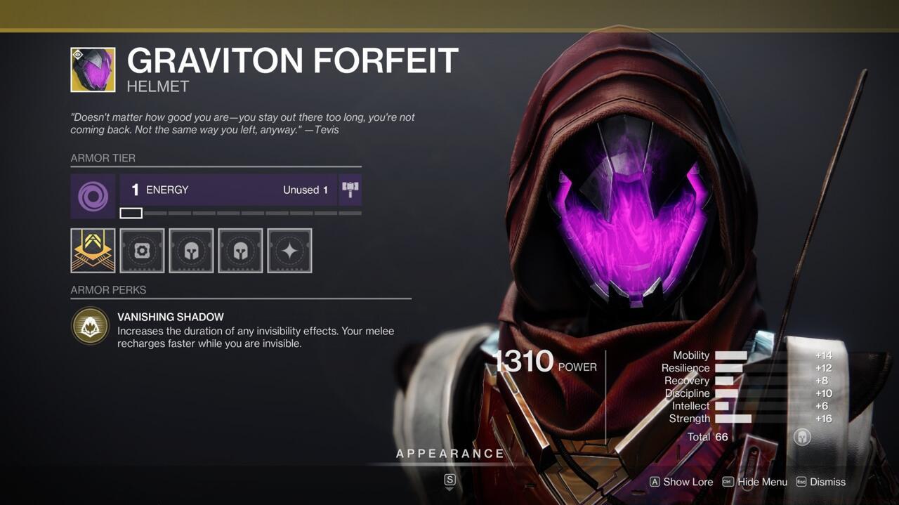 Get a boost to your invisibility capabilities with Graviton Forfeit--this is a pretty good roll if you need one.