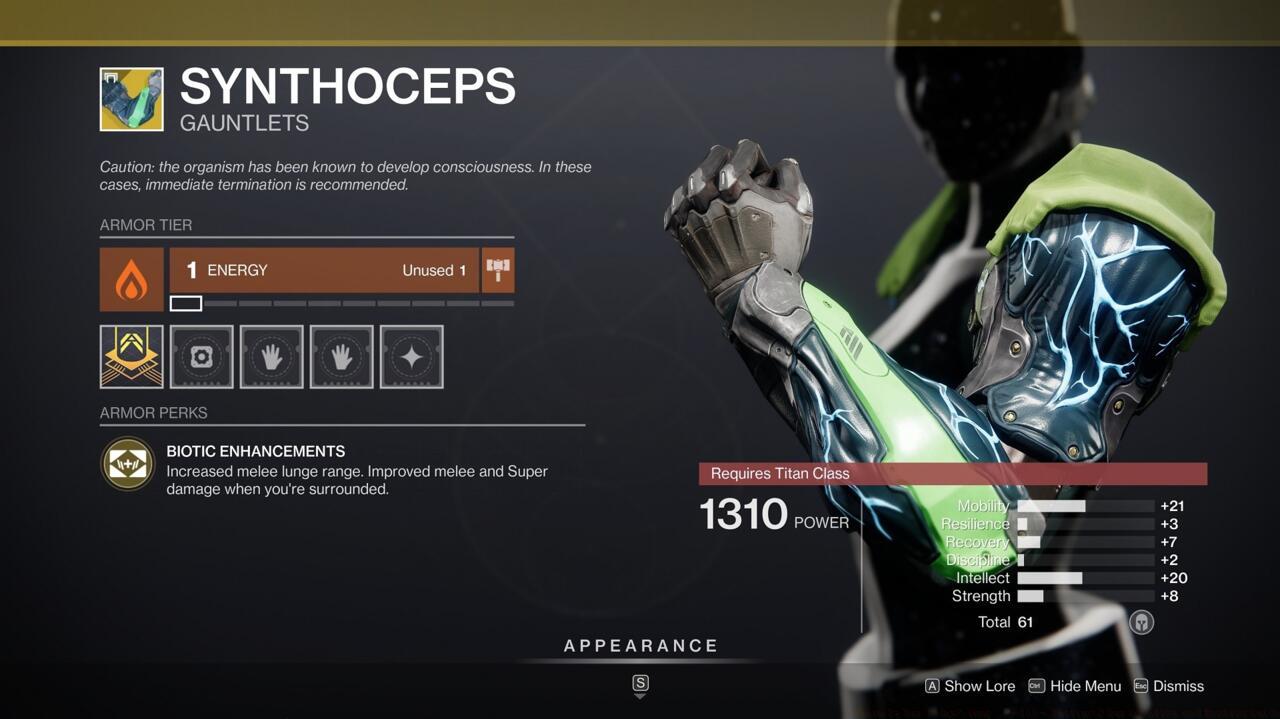 You get a ludicrous melee lunge distance with Synthoceps equipped, so if you like punching other Guardians in the Crucible, this is a good choice.