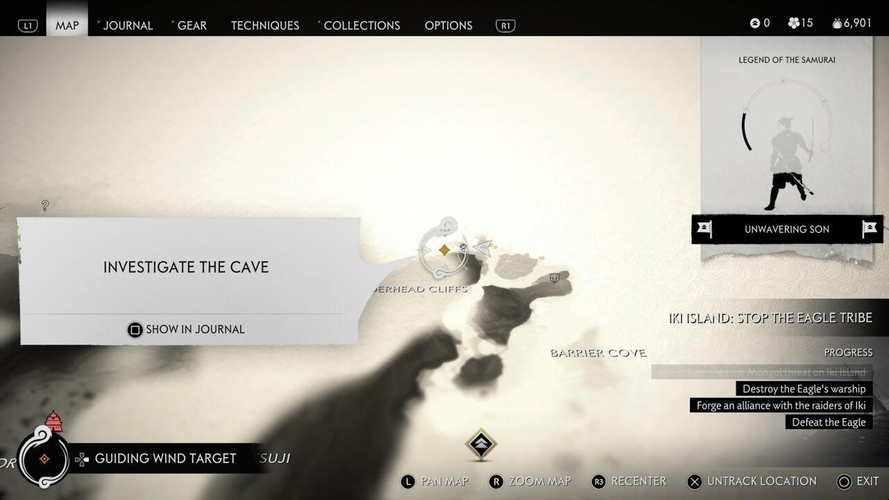 Look for the cave in the northeast corner of Iki Island; venture inside to find Black Hand Riki's lost armor.