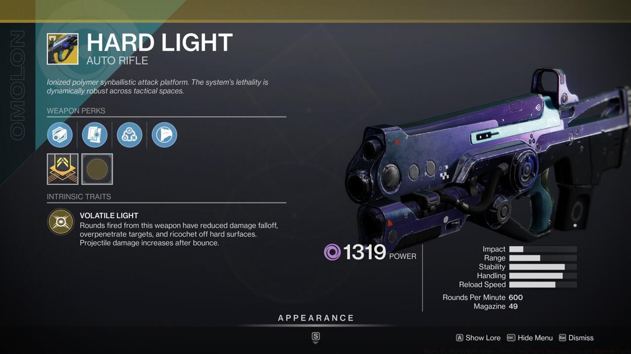 Hard Light is a solid auto rifle that can do work at decent ranges and fires extremely straight, and its ricochet rounds mean you can catch enemies even around corners.