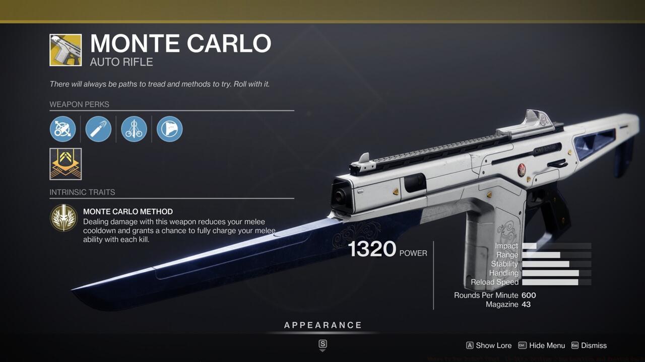 With a good melee build, Monte Carlo becomes an awesome auto rifle for PvE situations, but its damage boosts make it good for PvP too.