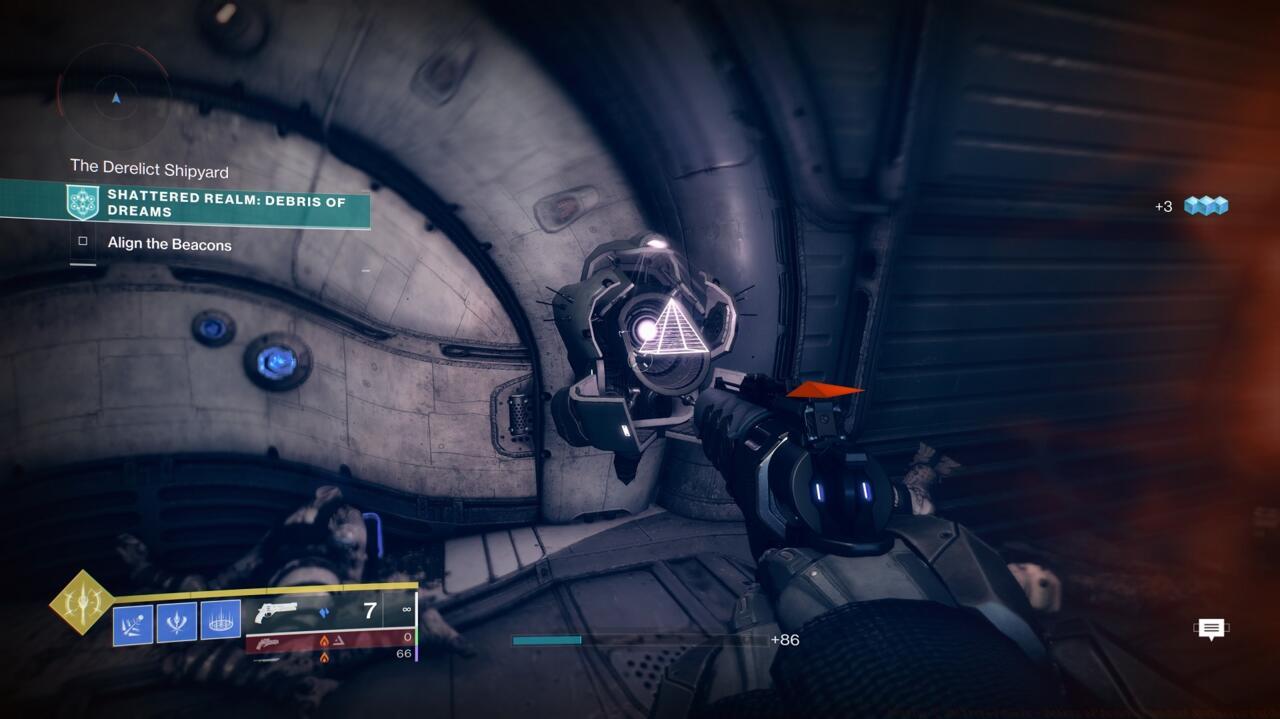 From the second beacon, jump back across to the round platform with the column in the center that includes an opening. Go inside, climb up to the top of the shaft, and open the door just beyond that the Scorn are messing with.