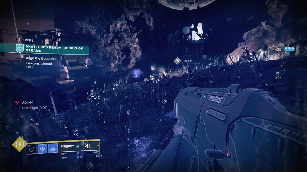 From the first beacon, look for a True Sight marker near the edge of the cliff when looking toward the second beacon. That'll show you a path to The Vista, a distant island covered in a green Field of Strife suppression debuff.