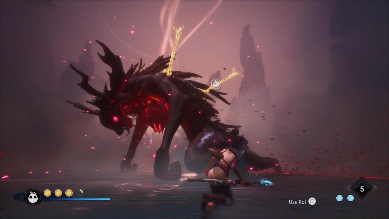 In the final phase, you'll need to use the Rot to pull the spears out of the boss in order to do damage and finish the fight.