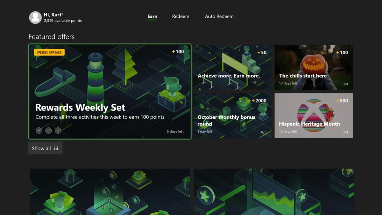 The main page of the Microsoft Rewards app on Xbox