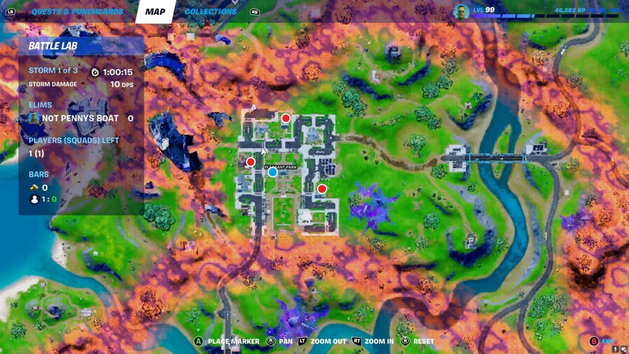 Place signs at the red dots and deploy a ghost trap at the blue dot.