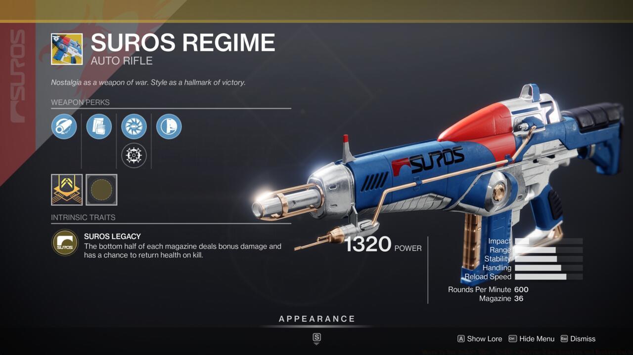 SUROS Regime is a great auto rifle for any occasion, but it's well-loved in the Crucible for dealing solid damage and its chance to heal you on kills.