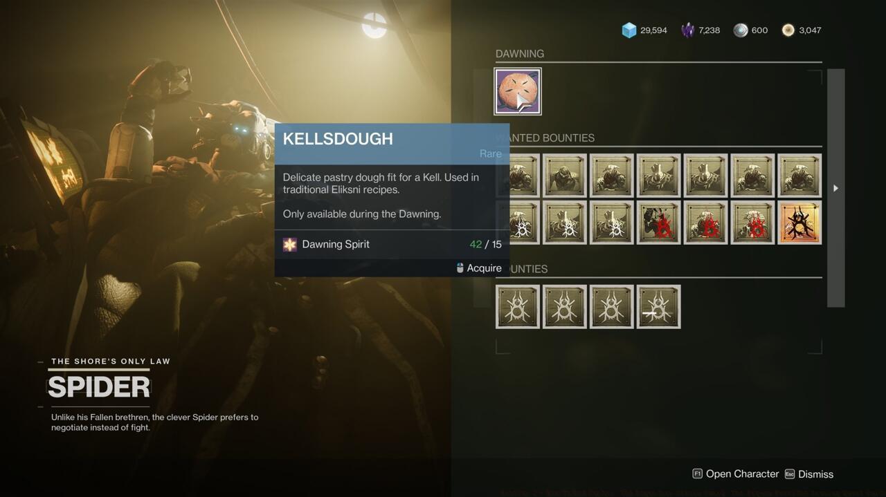 Make sure you've got 15 Dawning Spirit in your inventory before heading to the Spider. You can earn the currency from basically any activity in the game.