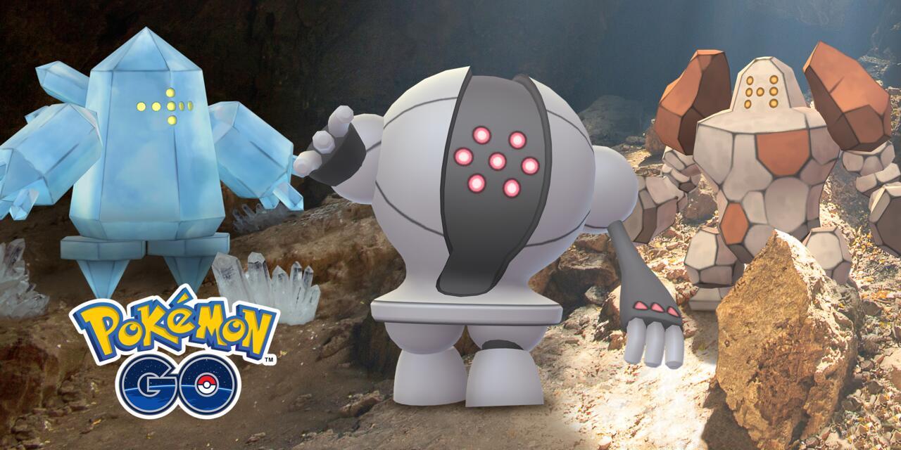 Regice (left) posing with its Poke-siblings Registeel (center) and Regirock.