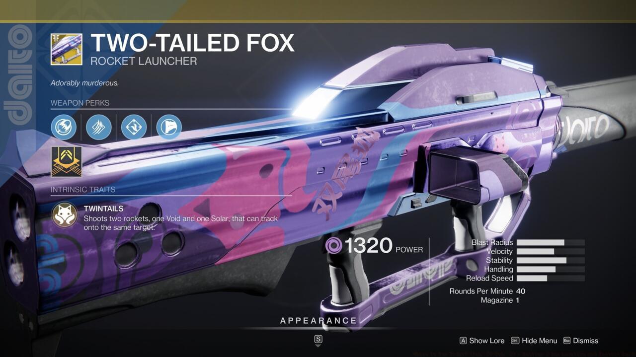 Two-Tailed Fox is great for blasting lots of small enemies, or hitting Champions and bosses for suppression and damage over time.