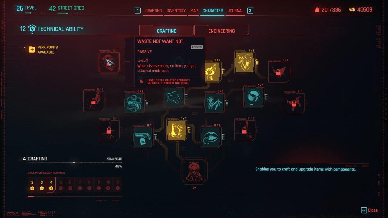 Crafting is essential to getting high-tier gear in Cyberpunk 2077, don't leave its perk tree empty.