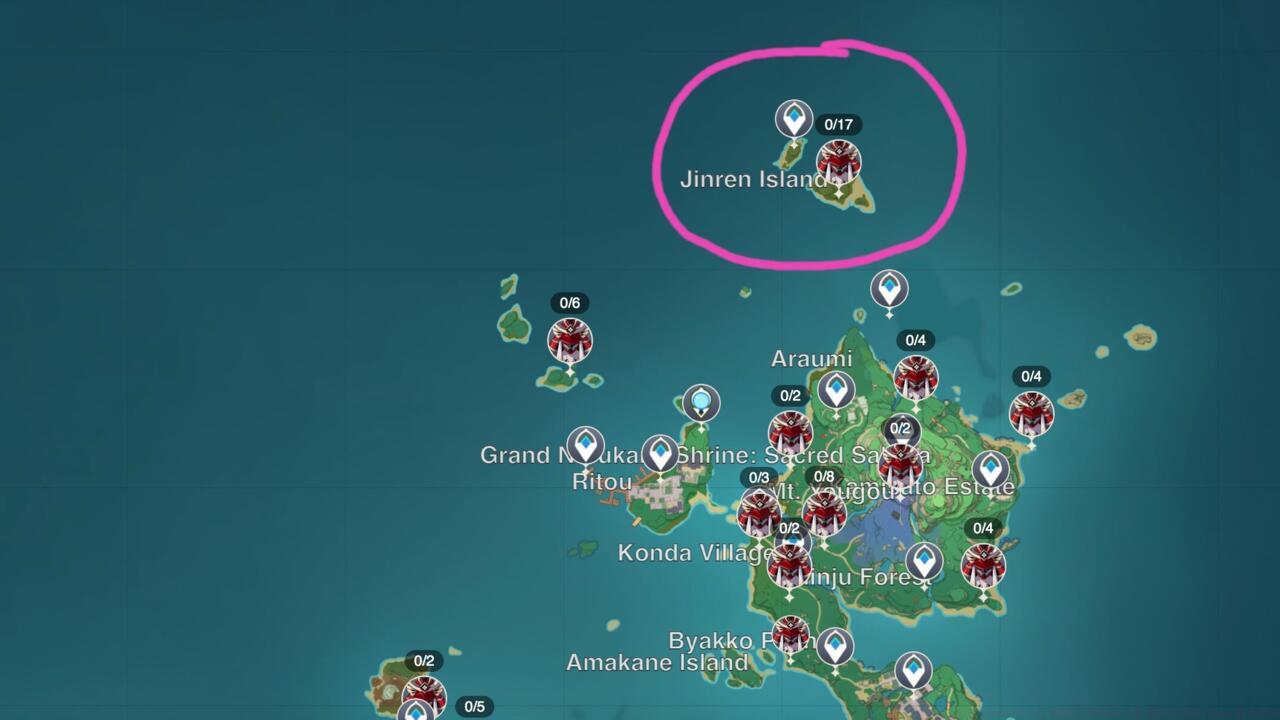 Handguards recommended farming location--Jinren Island. Photo credit: Teyvat Interactive Map