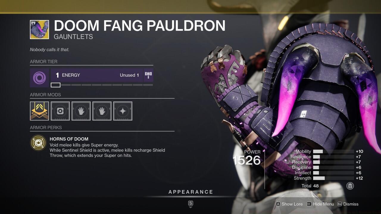 Doomfang Pauldron helps you get your Void Supers up more quickly by smashing enemies with your melee shield.