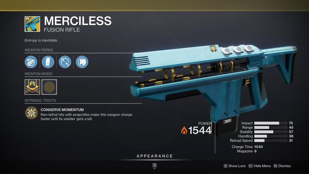 Merciless is a fine-tuned PvE weapon, great for dealing damage or clearing smaller enemies.