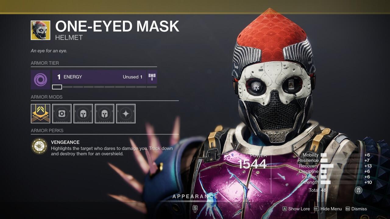 Killing the people who damage you earns you an overshield with One-Eyed Mask, making it a very good default PvP Exotic.