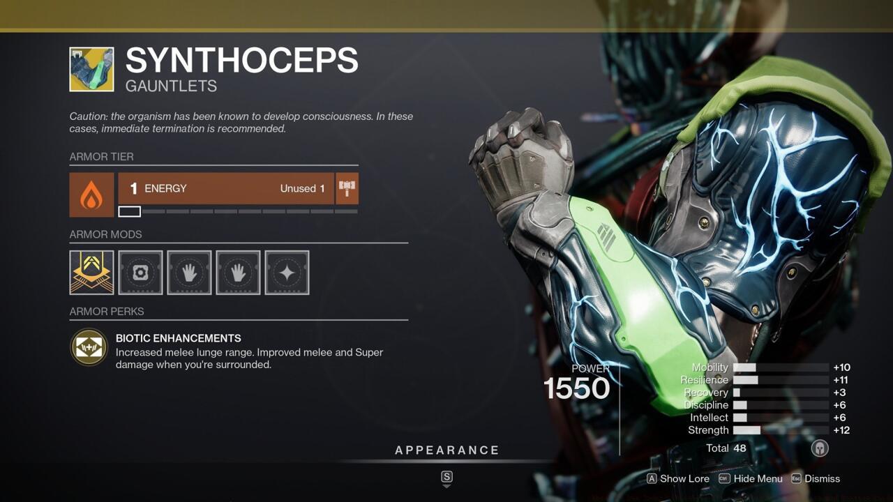 Smash enemies from further away and gain a more powerful melee when surrounded using Synthoceps.