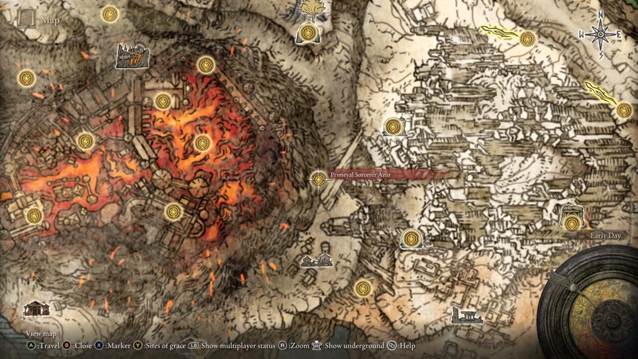 Primeval Sorcerer Azur can be found outside Volcano Manor.