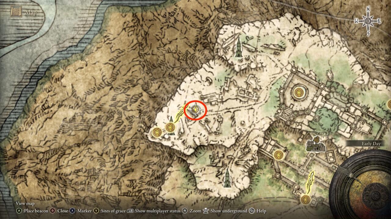 Sellen's new body can be found underneath the ruins near Ranni's Rise, indicated by the red circle.