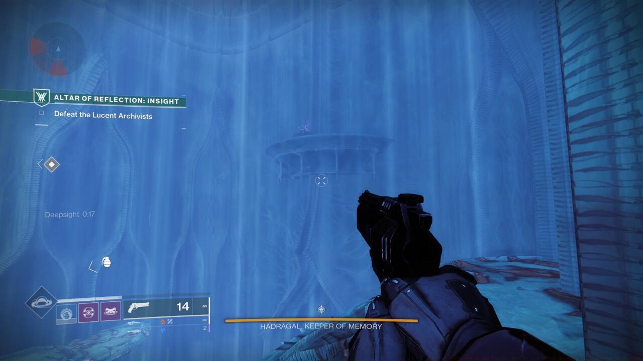 After activating Deepsight, look for the moth on a platform above the door through which you entered the arena.