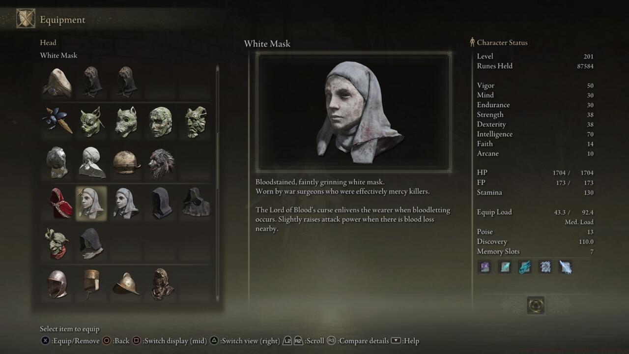 The White Mask increases attack power when you inflict Bleed.