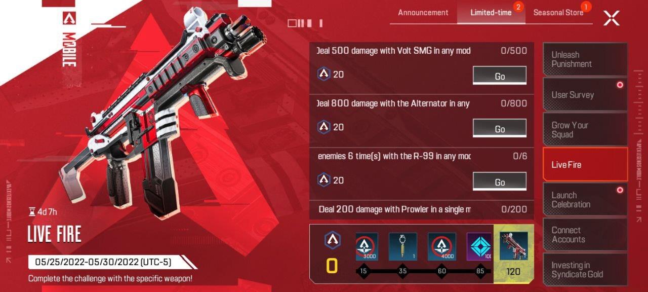 Apex Legends Mobile's Live Fire event challenges and rewards.