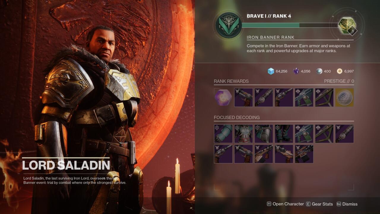 Increasing your Iron Banner reputation rank earns you Iron Engrams, which you can focus into specific weapons and armor from Saladin, or turn into random drops at the Cryptarch.