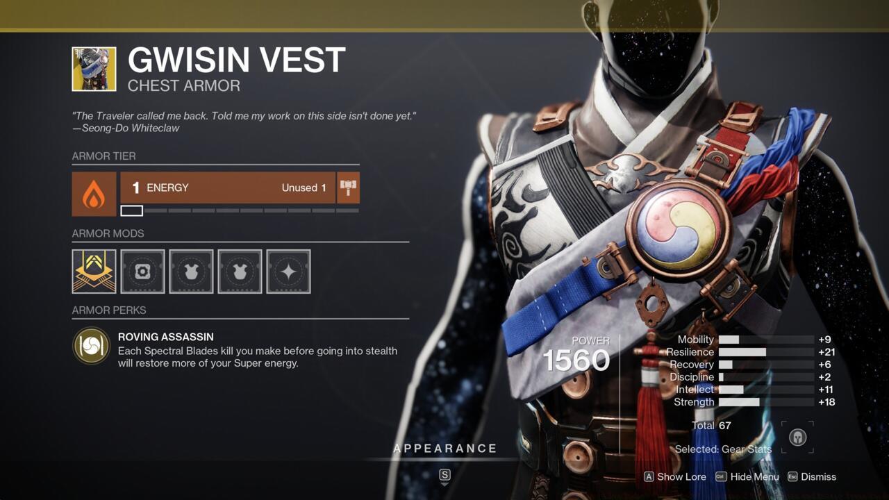 This is a strong roll for Gwisin Vest if you're hoping to boost your Spectral Blades Super while also maximizing Resilience.