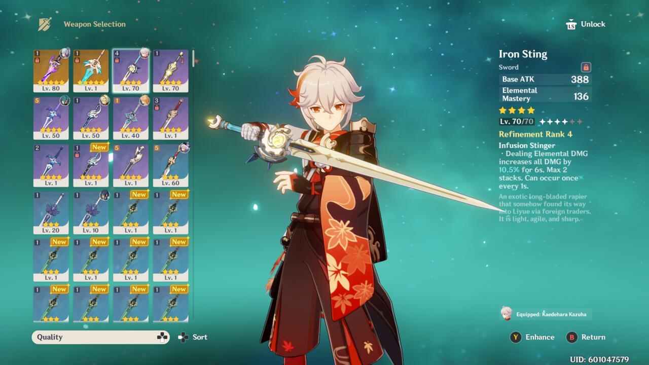 Kazuha holding an Iron Sting