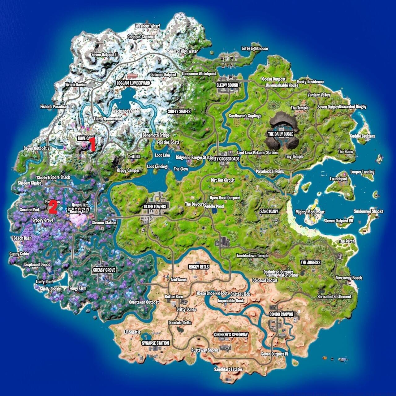 Find a Baller, zipline, and geyser all in the western side of the Fortnite island.