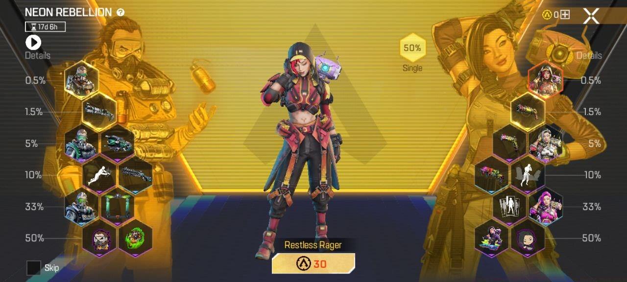 The Neon Rebellion Versus Drop event hub, featuring all event cosmetics and the odds of unlocking each of them.