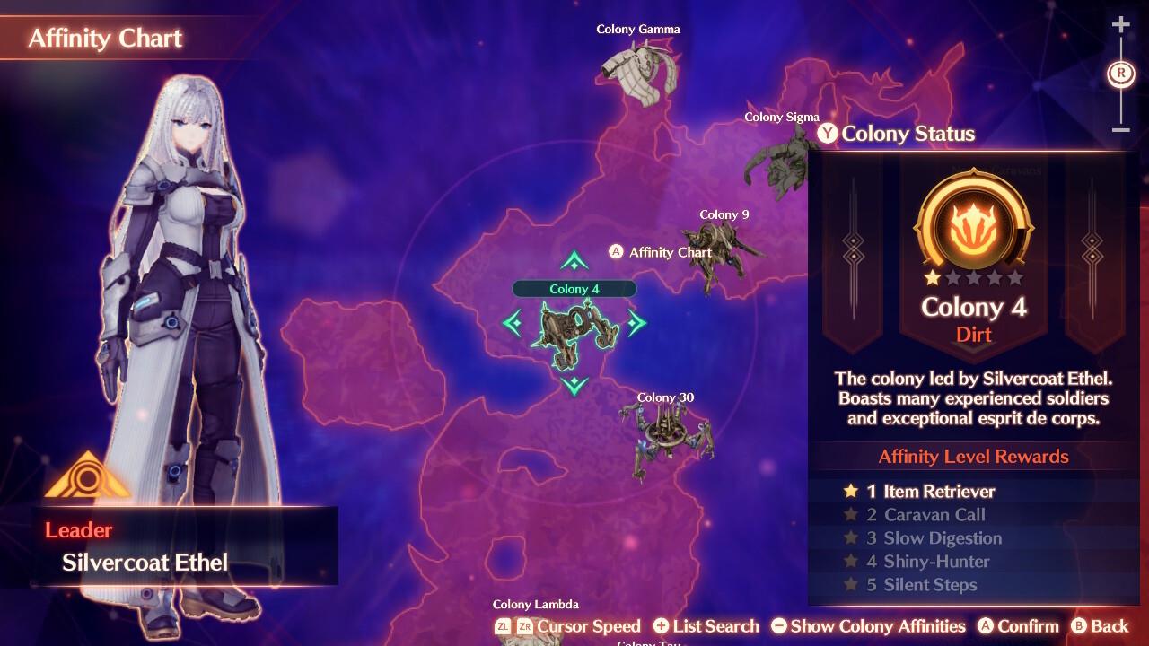 The Colony Affinity chart lists your affinity level and rewards for each Colony.