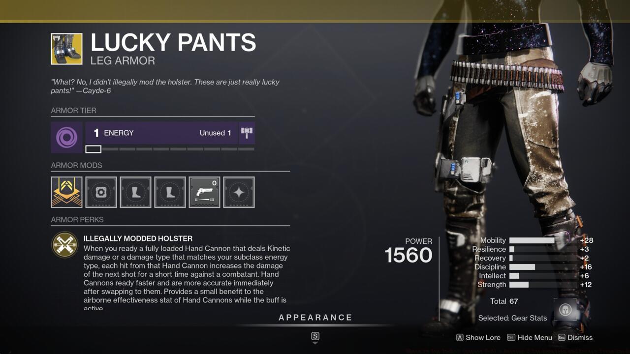 Make the most of your hand cannons with Lucky Pants, which buffs their damage and makes them faster on the draw.