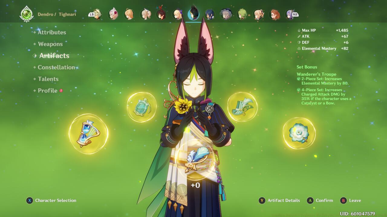 Tighnari with a four-piece Wanderer's Troupe artifact set