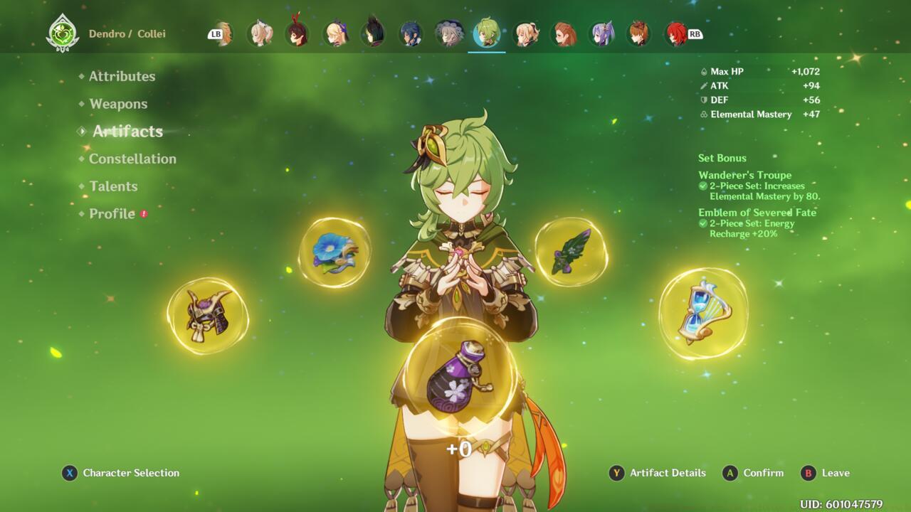 Collei with a mix of Emblem of Severed Fate and Wanderer's Troupe artifact sets