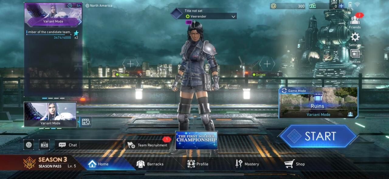  The Main Menu Screen with options to tap on the Season Pass, Mode Selection, Class Mastery, in-game Shop, and more.
