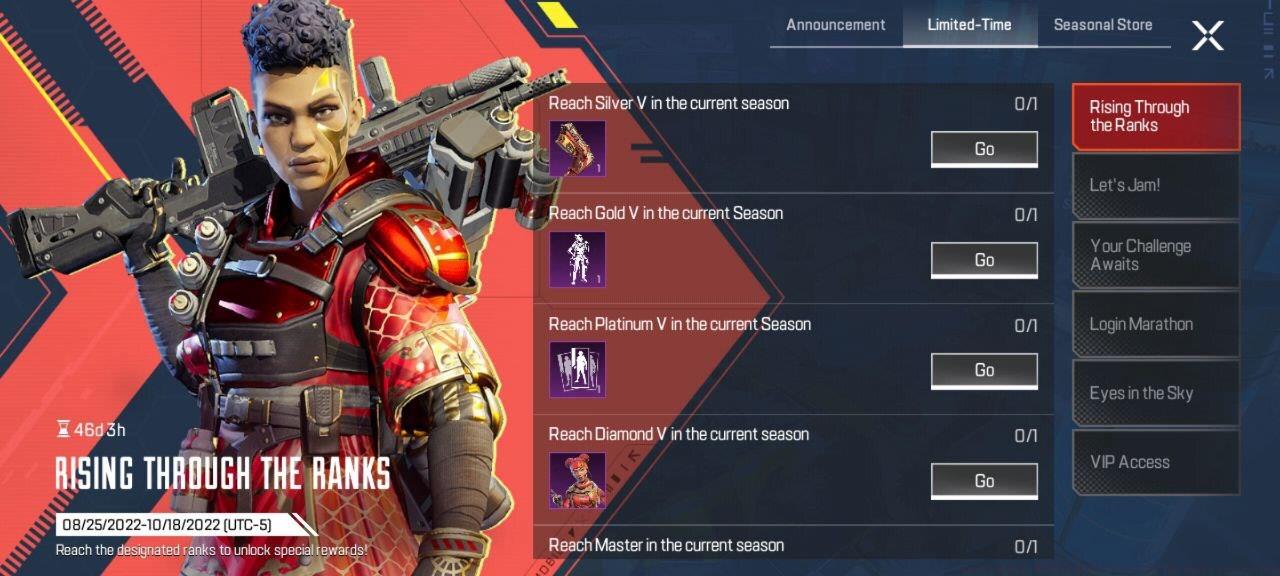 The Rising Through The Ranks event hub, featuring challenges and Ranked rewards