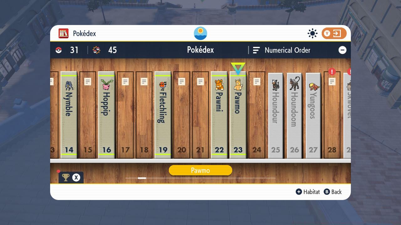 Pawmi, Pawmo, and Pawmot occupy spot #22, #23, and #24 in Paldea's Pokédex.
